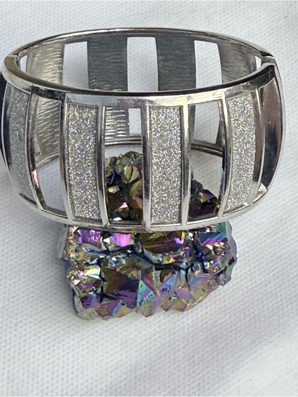 Wide hinged sparkly silver bracelet